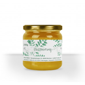 Kleines Honigglas-Etikett "Akazienhonig" auf Glas