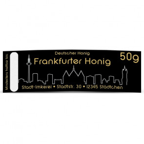 Matter Golddruck auf gold-schwarzem Honigetikett "Frankfurt"