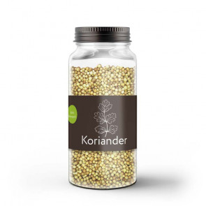 Kleines Gewürzetikett "Koriander" auf Glas
