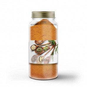 Kleines Gewürzetikett "Curry" auf Glas