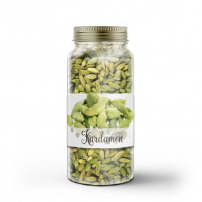 Kleines Gewürzetikett "Kardamon" auf Glas