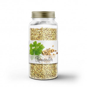 Kleines Gewürzetikett "Koriander" auf Glas