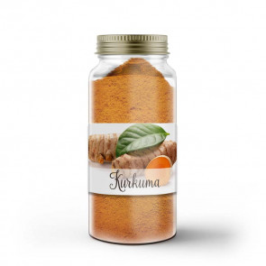 Kleines Gewürzetikett "Kurkuma" auf Glas