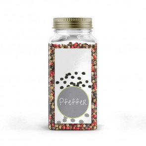 Kleines Gewürzetikett "Pfeffer" auf Glas