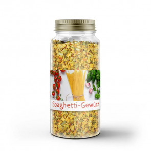 Kleines Gewürzetikett "Spagetti" auf Glas