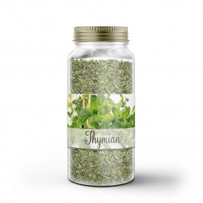 Kleines Gewürzetikett "Thymian" auf Glas