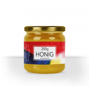 Kleines Etikett "Blauer Reiter" auf Honigglas