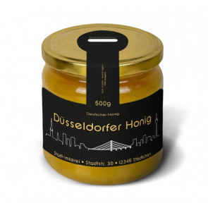 Matter Golddruck auf gold-schwarzem Honigetikett "Düsseldorf"