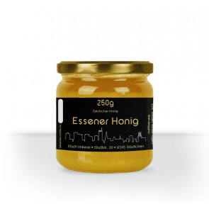 Matter Golddruck auf gold-schwarzem Honigetikett "Essen"
