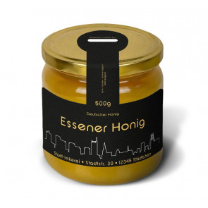Matter Golddruck auf gold-schwarzem Honigetikett "Essen"