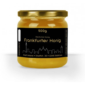 Matter Golddruck auf gold-schwarzem Honigetikett "Frankfurt"