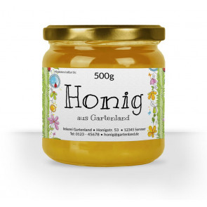 Etikett "Gartenland" gedruckt auf Graspapier