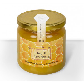 Gewährverschlussetikett "Ingrids Honig" auf Glas