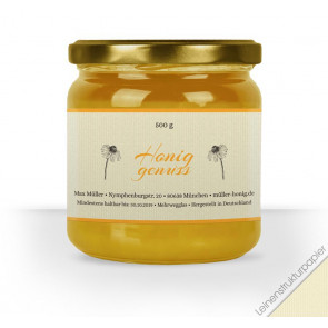 Honigglasetikett "Honiggenuss" auf Leinenstrukturpapier