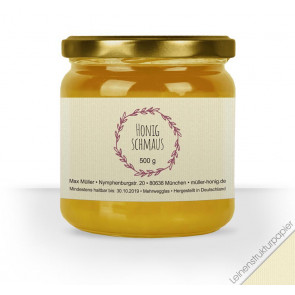 "Siegeskranz"-Honigglasetiketten auf Leinenstrukturpapier