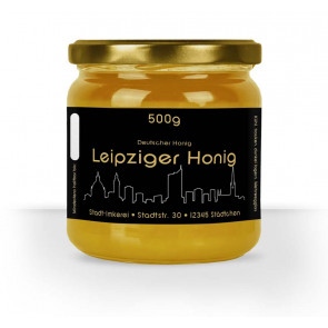 Matter Golddruck auf gold-schwarzem Honigetikett "Leipzig"