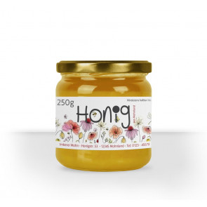 Kleines Etikett "Poppy" auf Honigglas