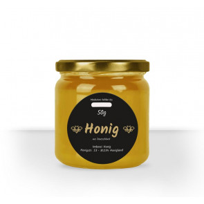 Rundes Etikett "Black Bee" auf Honigglas