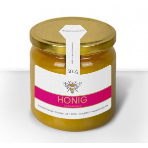 Gewährverschlussetikett "Bee Stripes" in Pink auf Honigglas