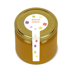 Frischesiegel "Happy Flowers" auf weißem Etikettenpapier