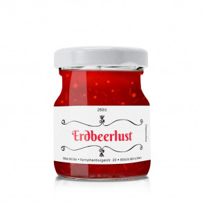 Kleine Konfitürenetikett "Erdbeerlust" auf Glas
