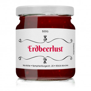 Konfitürenetikett "Erdbeerlust" auf Glas