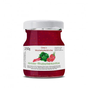 Aquarell-Etikett für Himbeer-Rhabarberkonfitüre auf dem Glas