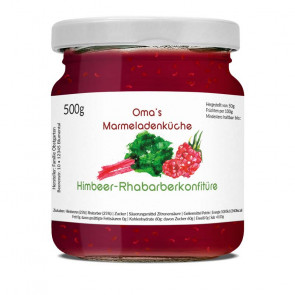 Etikett "Himbeer-Rhabarberkonfiüre" als Aquarell