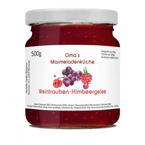 Ansicht Aquarelletikett "Weintrauben-Himbeergelee" auf Glas