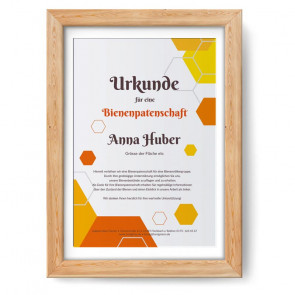 Urkunde im Design "Wabenfreude" im Holzrahmen, eiche-natur