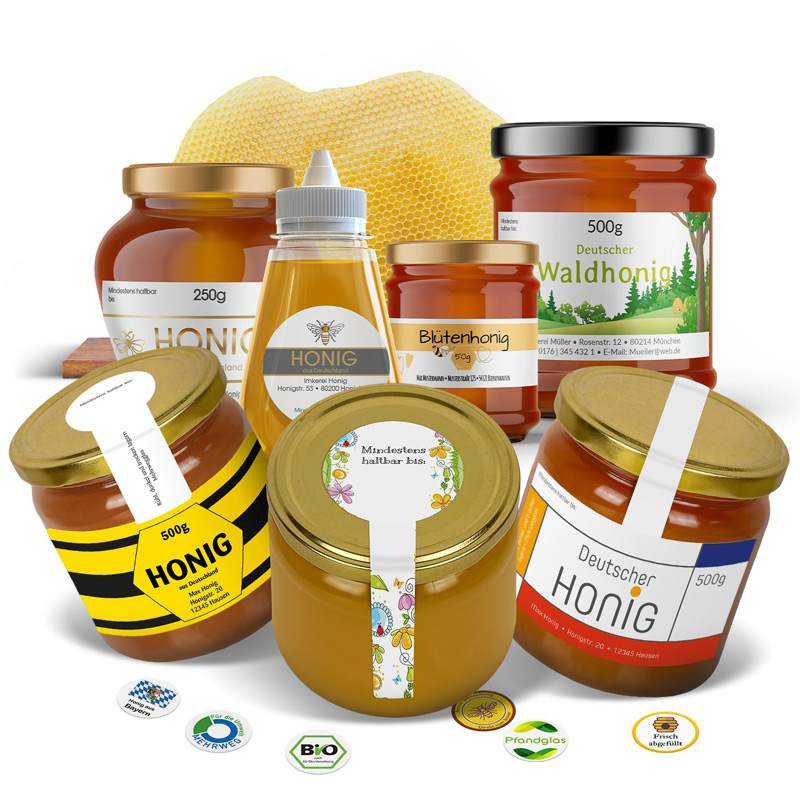 Viele Honigetiketten auf Honigglas - Etikettengestaltung f&uuml;r Honig